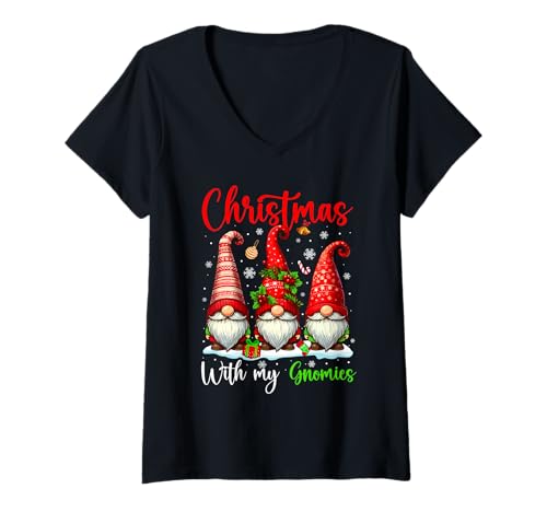 Damen Weihnachten mit Meinen Gnomien, DREI Zwerge, Schneeliebhaber, für Kinder T-Shirt mit V-Ausschnitt von Gnomes Thanksgiving Costume