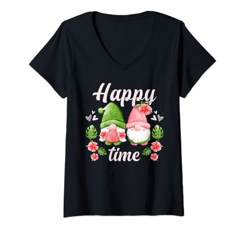 Damen Wichtel Paar mit Blumen, Gartenzwerge T-Shirt mit V-Ausschnitt Damen Wichtel Paar mit Blumen, Gartenzwerge T-Shirt mit V-Ausschnitt von Gnomes by Content Design Studio