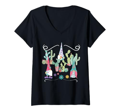 Damen Niedliche Zwerge im Kaktusgarten, niedliches Gärtnergeschenk, Geschenk für Gärtner T-Shirt mit V-Ausschnitt von Gnomes in Cactus Garden