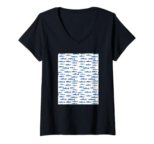 Damen Marineblaues Forellenfisch-Muster, See-Angel-Design T-Shirt mit V-Ausschnitt Damen Marineblaues Forellenfisch-Muster, See-Angel-Design T-Shirt mit V-Ausschnitt von Gnosis Picture Archive