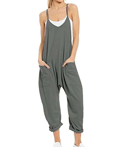 Gnveub Damen Lässiger ärmelloser Jumpsuit, verstellbare Spaghetti-Träger, Harem, lange Hose, Strampler, Overall mit Taschen, GRAU, Medium von Gnveub