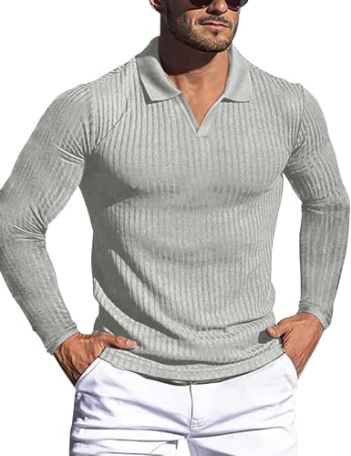 Gnvviwl Herren-Poloshirt mit V-Ausschnitt, schmale Passform, kurze Ärmel, Baumwolle, Golf-T-Shirts, gerippt, weich, Z-light Grau, XX-Large von Gnvviwl