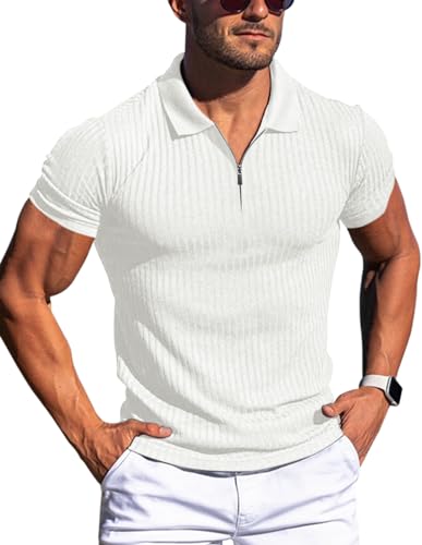 Gnvviwl Herren-Poloshirt mit Reißverschluss, schmale Passform, kurzärmelig, Baumwolle, gerippt, gestrickt, Weiss/opulenter Garten, Mittel von Gnvviwl