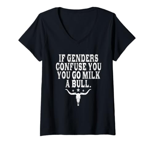 Damen If Genders Confuse You Go Milk A Bull Lustiges Humor Ländliches Zitat T-Shirt mit V-Ausschnitt Damen If Genders Confuse You Go Milk A Bull Lustiges Humor Ländliches Zitat T-Shirt mit V-Ausschnitt von Go Milk A Bull Funny Quote Apparel