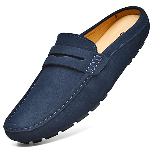Go Tour Herren Handgefertigte Wildleder Leder Pantoletten Clog Hausschuhe Atmungsaktiv Leder Slip on Schuhe Freizeit Loafer, blau, 43 EU von Go Tour