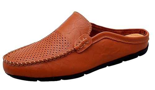 Go Tour Herren Pantoletten Clog Hausschuhe Atmungsaktiv Punching Leder Slip on Schuhe Casual Loafer, Braun (B-braun gelocht), 42.5 EU von Go Tour