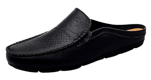 Go Tour Herren Pantoletten Clog Hausschuhe Atmungsaktiv Punching Leder Slip on Schuhe Casual Loafer, Schwarz (B-schwarz gelocht), 42 EU von Go Tour