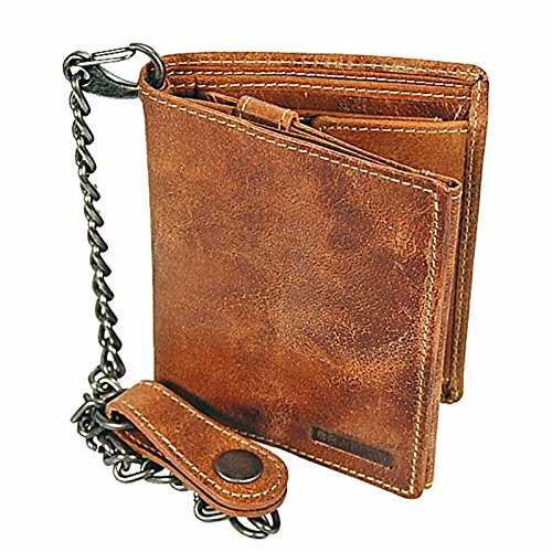 GoBago Biker Geldbörse Leder Geldbeutel mit Kette Portemonnaie aus robusten Leder Kettenbörse im Vintage Look Bikerbörse (Vintage-Tan) von GoBago