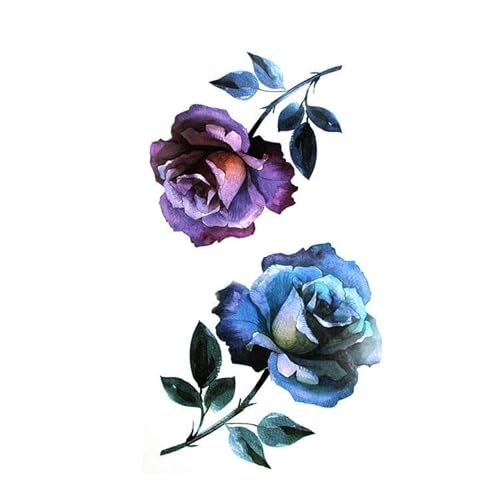 2 Stück Wasserdichte Temporäre Tattoo-Aufkleber Für Frauen Rose Lila Blau Große Blumen Aquarellmalerei Klein Frisch Rücken Brust Tattoo-Aufkleber Gefälschte Tätowierung von GoDdis