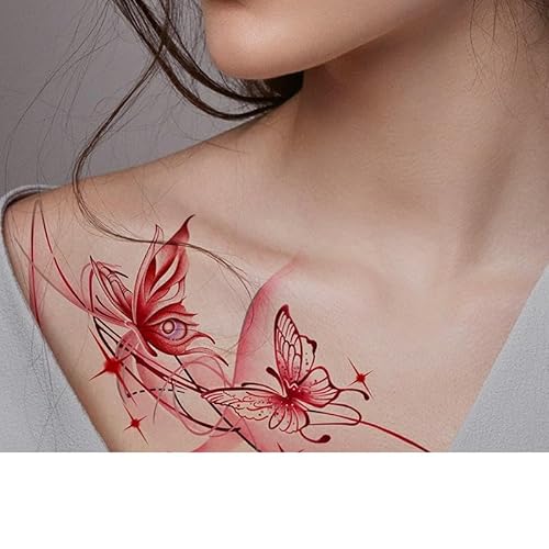 Temporäre Tattoos Aufkleber Falsche Tätowierung 2 Schmetterlings-Tattoo-Aufkleber Auf Dem Oberschenkel, Wasserdicht, Für Frauen, Langlebig, Blume, Arm, Semipermanent, Schlüsselbein, Rot, Sexy von GoDdis