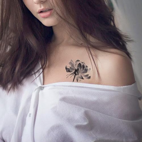 Temporäre Tattoos Aufkleber Falsche Tätowierung Lotus-Tinten-Tattoo-Aufkleber, Schwarz Und Weiß, Wasserdicht, Schlüsselbein, Brust, Männer Und Frauen, Chinesischer Stil, Frisch von GoDdis