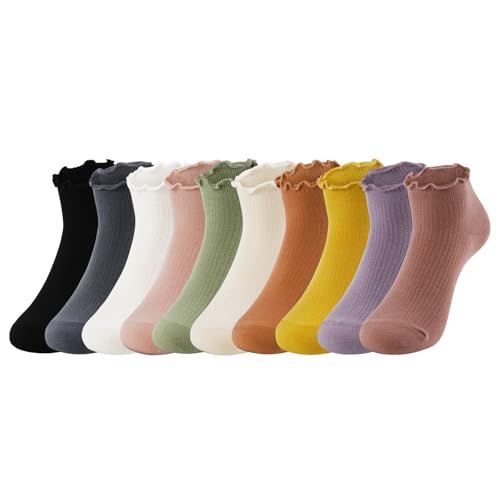 GoGou 10 Paar Rüschen Socken Damen Baumwolle Socken mit Rüschen Atmungsaktive Strick Knöchelsocken für Damen und Mädchen von GoGou