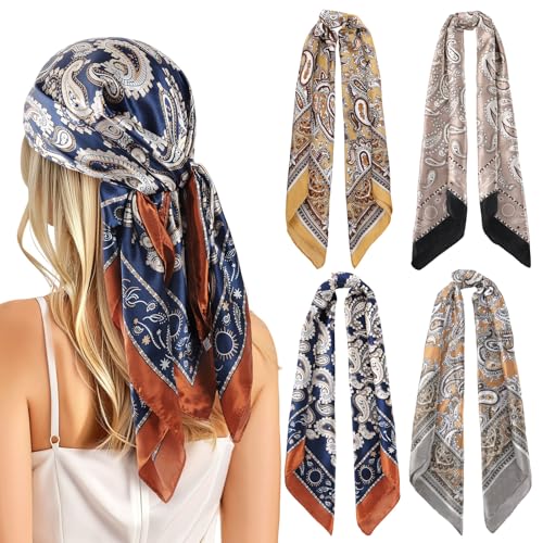 GoGou 4 Stück Kopftuch Damen Weich Quadratisch Seidenschal Quadratischer Schal Seide Kopftuch Bandana Geschenk für Frauen 90 * 90cm,Cashew von GoGou