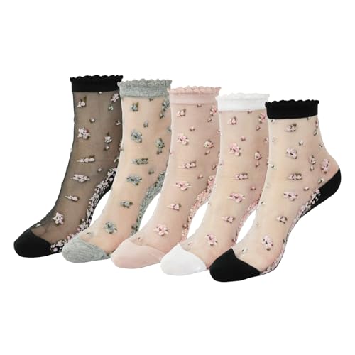 GoGou 5 Paar Söckchen Damen Durchsichtige Socken Transparente Blumensocken Sommer Netz Spitzensocken Ultra Dünner Transparentsocken für Damen von GoGou