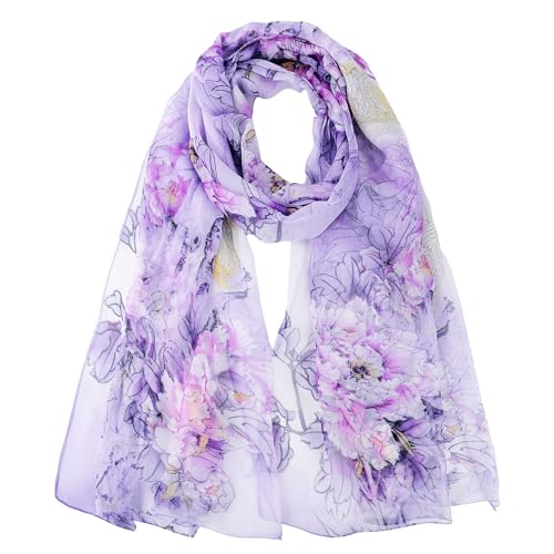 GoGou Chiffon Schal Damen Weiche Blumen Schal Stola Halstuch Tuch Leichter Kopftuch Wrap für Frühling Sommer Herbst Winter,Lila von GoGou