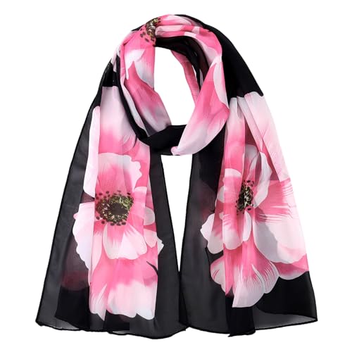 GoGou Chiffon Schal Damen Weiche Blumen Schal Stola Halstuch Tuch Leichter Kopftuch Wrap für Frühling Sommer Herbst Winter,Schwarz Blumen von GoGou