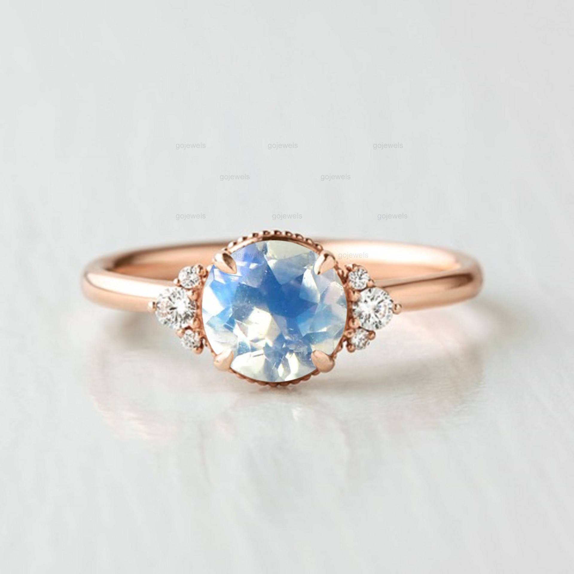 Mondstein Ring, 14K Roségold Mondstein-Moissanit Regenbogen Verlobungsring, Antragsring, Geburtstagsgeschenk Mondstein Ring, 14K Roségold Mondstein-Moissanit Regenbogen Verlobungsring, Antragsring, Geburtstagsgeschenk von GoJewels