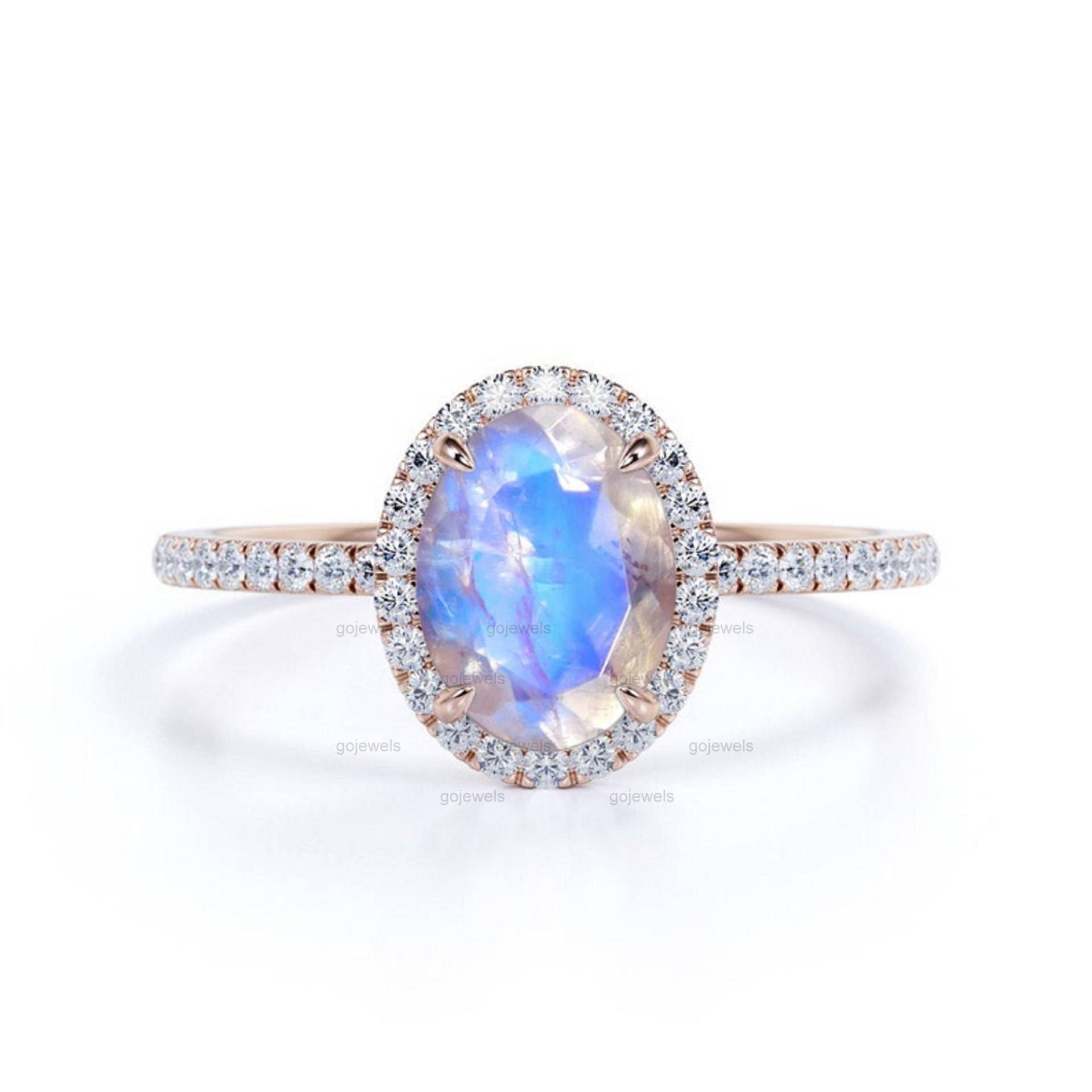 Ovaler Regenbogen Mondstein Ring in Roségold, Halo Diamant Verlobungsring, Ring, Brautring Für Frauen, Jahrestag Geschenk von GoJewels