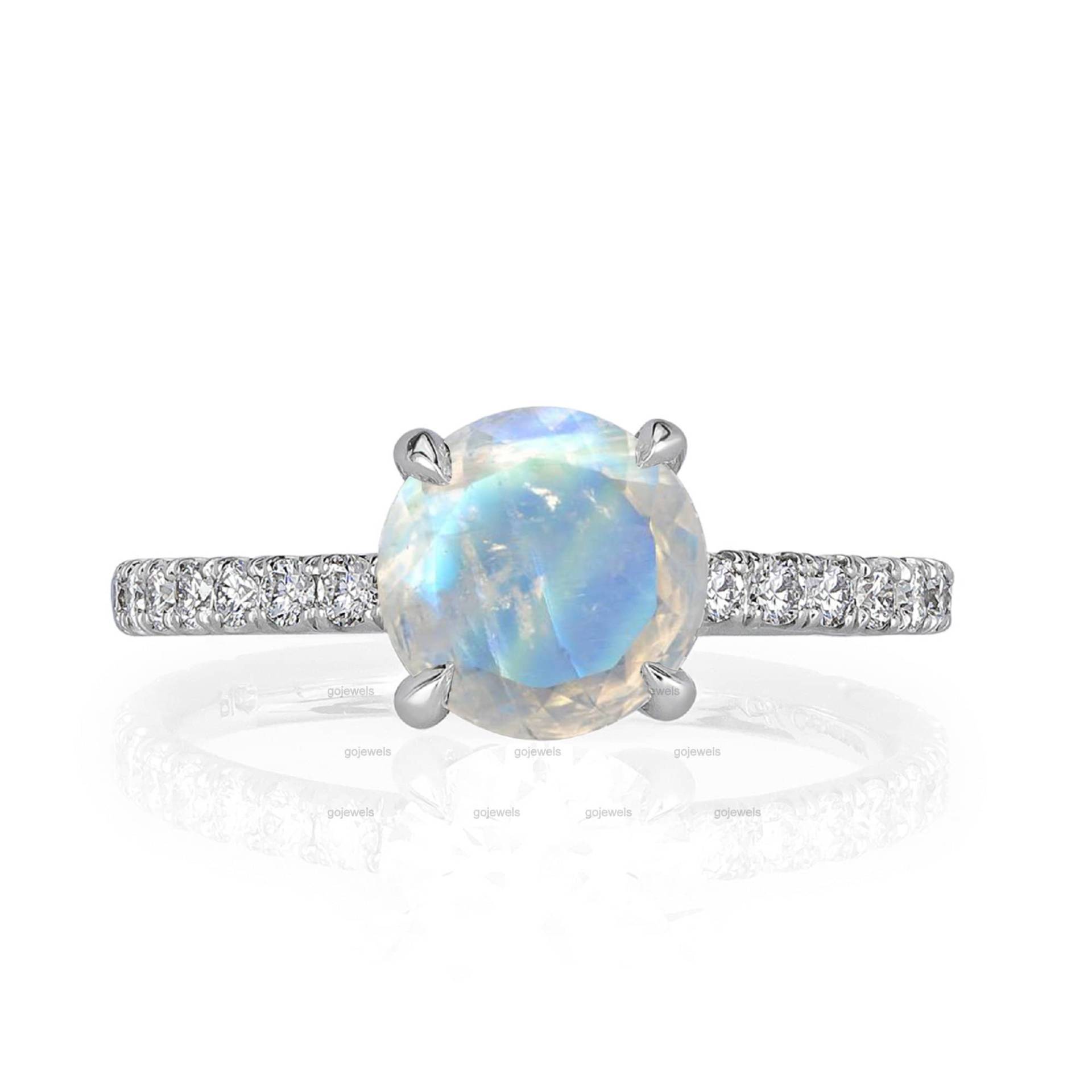 Verdeckter Halo Verlobungsring, 14K Gold Mondstein Ring, Versteckter Diamant Eternity Regenbogen Ehering, Brautring von GoJewels