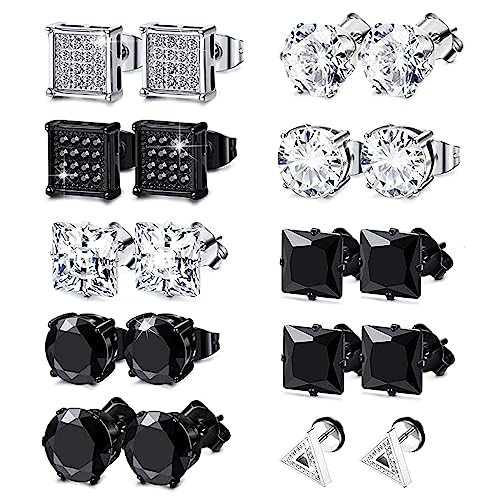 10 Paar Herren quadratische Diamant Ohrstecker Silber schwarzer kubischer Zirkonia Jungen Ohrringe quadratische Herren Ohrstecker für Männer Frauen Mädchen 8MM von GoPaw