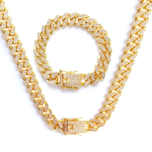 12 MM Cuban Link Chain Iced Out für Männer, 50/55/60 Cm Herren Cuban Link Chain Gold Silber Miami Cuban Link Choker Halskette Armband, Unisex Hip Hop Schmuck Geschenk für den Vatertag (Gold, 50) von GoPaw