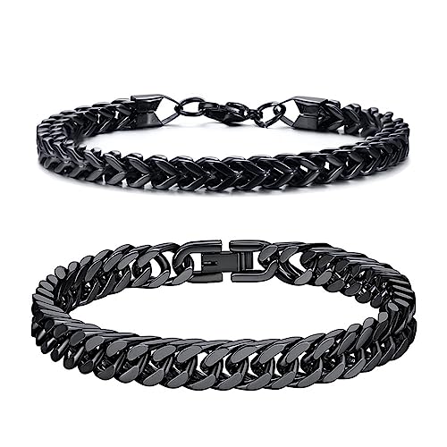 2 StüCke Herren Armband Panzerkette,Herren Armband Edelstahl,Armband Herren Jungs Edelstahl,19cm Schwarz Panzerkette Armband FüR MäNner,Hip Hop Jewelry Cuban Link Chain Armband von GoPaw