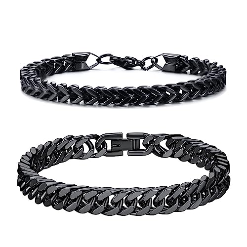 GoPaw 2 Stück Herren Armband Panzerkette, Edelstahl Herren Armband Schwarz Silber Panzerkette Armbänder Hip Hop Jewelry Cuban Link Chain Armbänder für Männer Jungs (Schwarz-19cm) von GoPaw