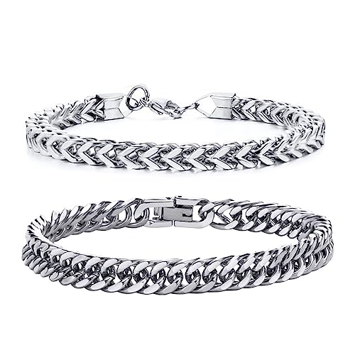 GoPaw 2 Stück Herren Armband Panzerkette, Edelstahl Herren Armband Schwarz Silber Panzerkette Armbänder Hip Hop Jewelry Cuban Link Chain Armbänder für Männer Jungs (Silber-21cm) von GoPaw