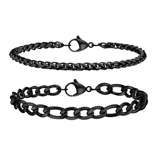 2 StüCke Herren Edelstahl Armband,Panzerkette Armband Herren, Armband Schwarz Edelstahl Herren19/21/23 CM Edelstahlarmband FüR Herren, Silber/Schwarz Armband Herren (Schwarz, 21) von GoPaw