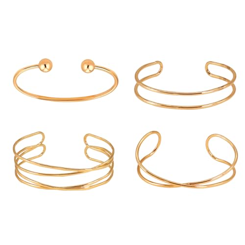 Breit Gold Armreif für Damen, 4/6 Stück Gold Offener Armreif Damen Verstellbar Golden Manschette Armband Manschettenarmbänder für Frauen Teenager Mädchen (Golden B-4pcs) von GoPaw