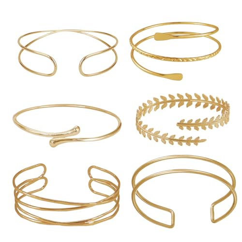 Breit Gold Armreif für Damen, 4/6 Stück Gold Offener Armreif Damen Verstellbar Golden Manschette Armband Manschettenarmbänder für Frauen Teenager Mädchen (Golden C-6pcs) von GoPaw