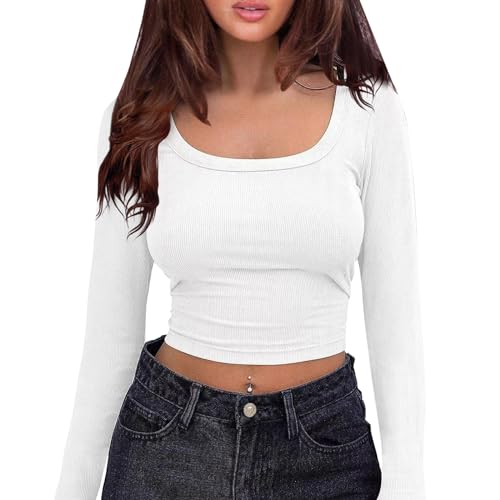 Crop Tops Damen Stric,Bauchfrei Oberteile,Quadratischem Kragen Langarmshirt,Cropped Top Basic Langarm Shirts,Langarmshirt Slim Fit Damen (DE/NL/SE/PL, Alphanumerisch, L, Regular, Regular, Weiß) von GoPaw