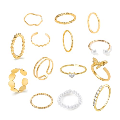 GoPaw 14 Stücke Vintage Ringe Gold Damen Boho Stapelbare Vintage Ringe Knuckle für Mädchen Damen Schlange Kristall Perle Gold Ring Punk Ring Set (Golden Satz #C) von GoPaw