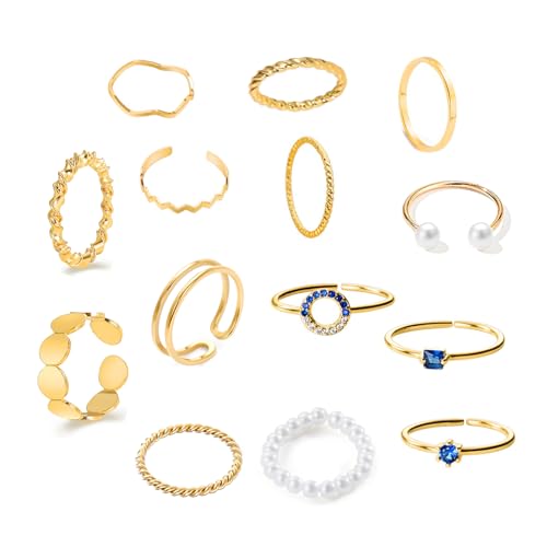 GoPaw 14 Stücke Vintage Ringe Gold Damen Boho Stapelbare Vintage Ringe Knuckle für Mädchen Damen Schlange Kristall Perle Gold Ring Punk Ring Set (Golden Satz #B) von GoPaw