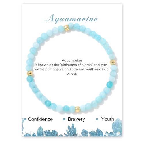 GoPaw Edelstein Armband Damen, 4mm Naturstein Armband Perlenarmband Damen Turmalin Armbands Karneol Armbands für Mama Tochter Oma Enkelin Schwester (Aquamarin) von GoPaw