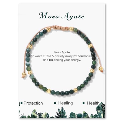 GoPaw Edelstein Perlen Armband für Frauen, 4mm Verstellbare Natursteinarmband Perlenarmband Kristall Naturstein Schmuck Armbänder Damen Yoga Armband für Fraun Mädchen Damen (Moosachat) von GoPaw