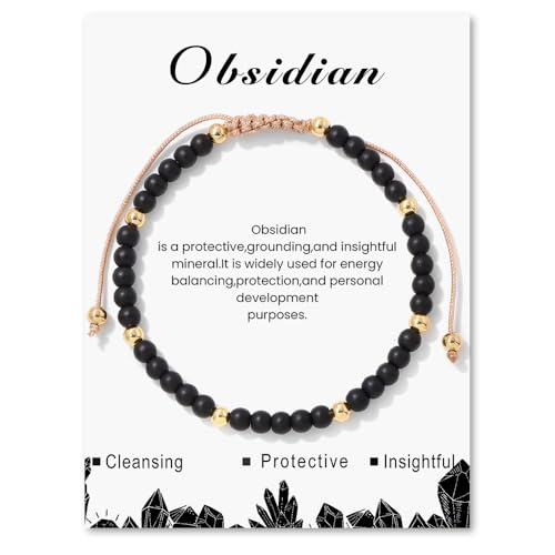 GoPaw Edelstein Perlen Armband für Frauen, 4mm Verstellbare Natursteinarmband Perlenarmband Kristall Naturstein Schmuck Armbänder Damen Yoga Armband für Fraun Mädchen Damen (Obsidian) von GoPaw