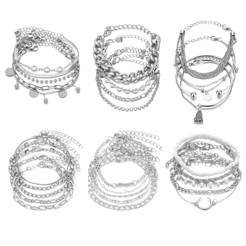 GoPaw Boho Armband Damen Silber Set 27 Stück Armbänder Set Silber Twist Figaro Ketten Armbänder Stapelbare Armband für Damen Mädchen (Silber B) von GoPaw