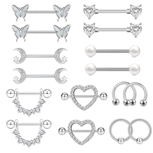 GoPaw 8 Paar Nippelpiercing für Damen, 14G Brustwarzenpiercing 316L Nipple Piercing Barbell Piercing Brustwarze Frauen Herz Barbell Piercings Körperschmuck Set für Frauen von GoPaw