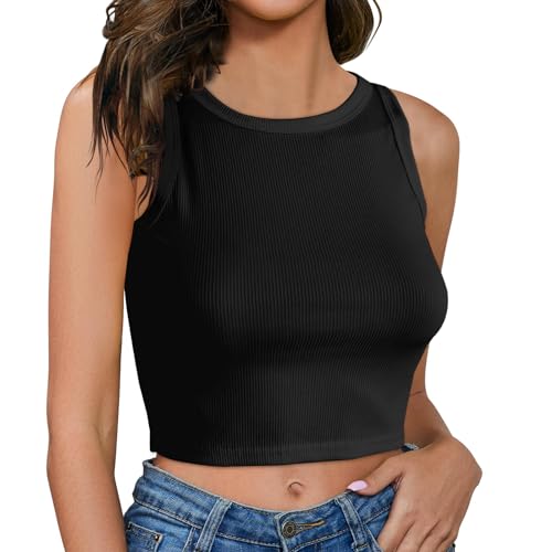 GoPaw Crop Tops Damen äRmellos Racerback Rundhals Tank Top, Basic Crop Tank Top äRmelloses, Baumwolle Sport Crop Tops FüR Damen (DE/NL/SE/PL, Alphanumerisch, S, Regular, Regular, Schwarz) von GoPaw