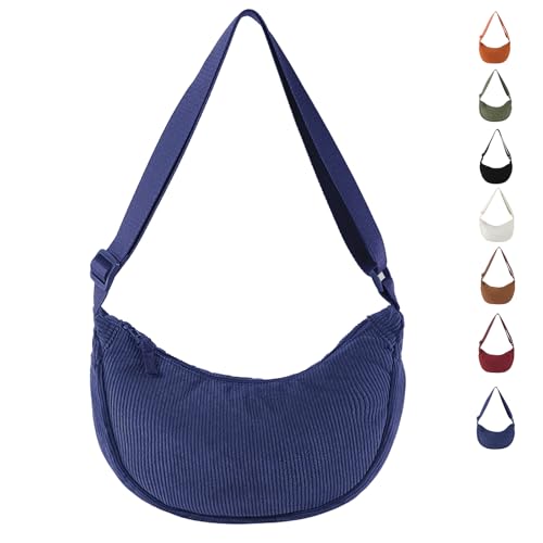 GoPaw Damen Cord Crossbody Bag, Halbmond Tasche Cord Umhängetasche, Damen Halbmond Tasche Schultertasche Mit Schultergurt Einstellbar Lässige Umhängetasche aus Kord für jeden Anlass (Dunkles Blau) von GoPaw