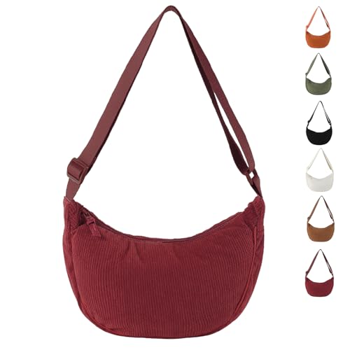 GoPaw Damen Cord Crossbody Bag, Halbmond Tasche Cord Umhängetasche, Damen Halbmond Tasche Schultertasche Mit Schultergurt Einstellbar Lässige Umhängetasche aus Kord für jeden Anlass (Burgunderrot) von GoPaw