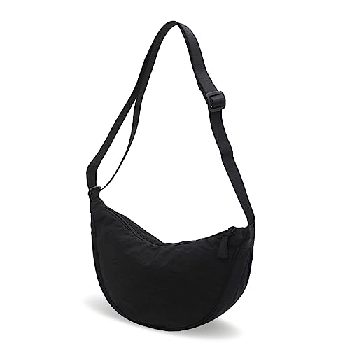 GoPaw Damen Halbmond Crossbody Schultertasche, Hobo Halfmoon Bag, Nylon Crossbody Bag Damen Halbmond Schultertasche mit verstellbarer Schultergurt, Einfarbige(Schwarz) von GoPaw