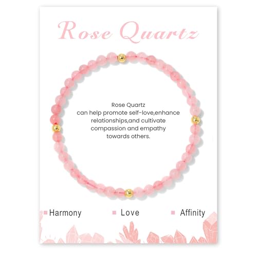 GoPaw Edelstein Armband Damen, 4mm Naturstein Armband Perlenarmband Damen Turmalin Armbands Karneol Armbands für Mama Tochter Oma Enkelin Schwester (Rosenquarz) von GoPaw