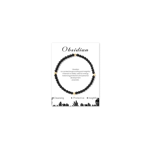 GoPaw Edelstein Armband Damen, 4mm Naturstein Armband Perlenarmband Damen Turmalin Armbands Karneol Armbands für Mama Tochter Oma Enkelin Schwester (Schwarzer Obsidian) von GoPaw