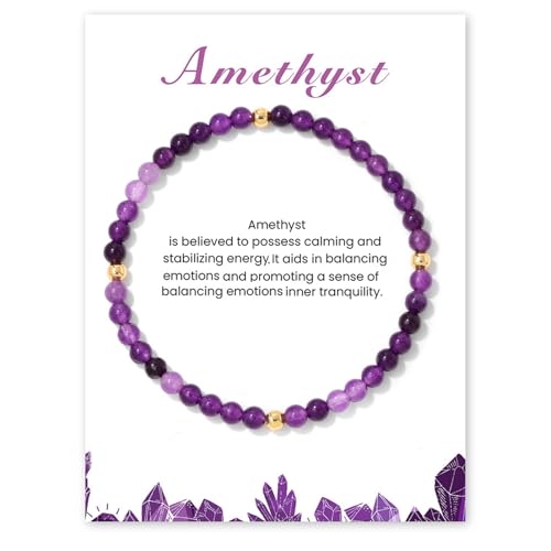 GoPaw Edelstein Armband Damen, 4mm Naturstein Armband Perlenarmband Damen Turmalin Armbands Karneol Armbands für Mama Tochter Oma Enkelin Schwester (Violetter Quarz) von GoPaw