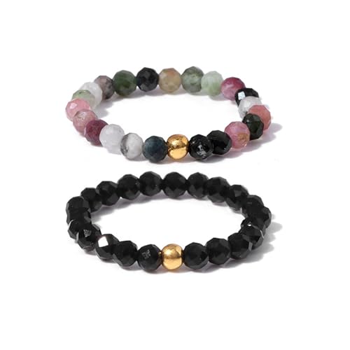 GoPaw Elastischer Naturstein Ring, 2 Stck.Perlen Elastische Ring, Perlenring elastisch, Anxiety Ring facettiert, Edelstein Perle Stapelbar Ring für Damen Mädchen (Schwarz) von GoPaw