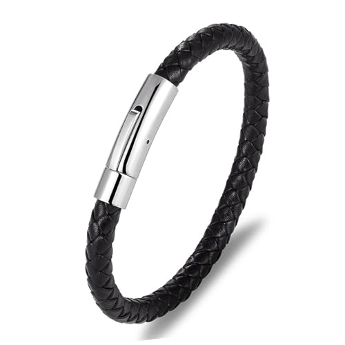 GoPaw Herren Lederarmband, Schwarz/Braun Herren geflochtenes Lederarmband mit genieteter Edelstahl-Wippschließe, Länge 21/23cm (schwarz, 21) von GoPaw