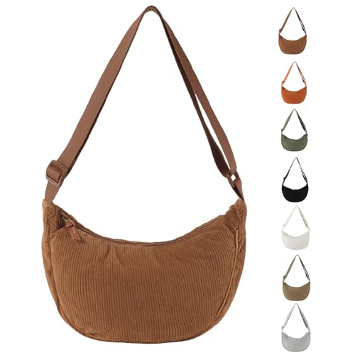 GoPaw Damen Cord Crossbody Bag, Halbmond Tasche Cord Umhängetasche, Damen Halbmond Tasche Schultertasche Mit Schultergurt Einstellbar Lässige Umhängetasche für jeden Anlass (Braun) von GoPaw