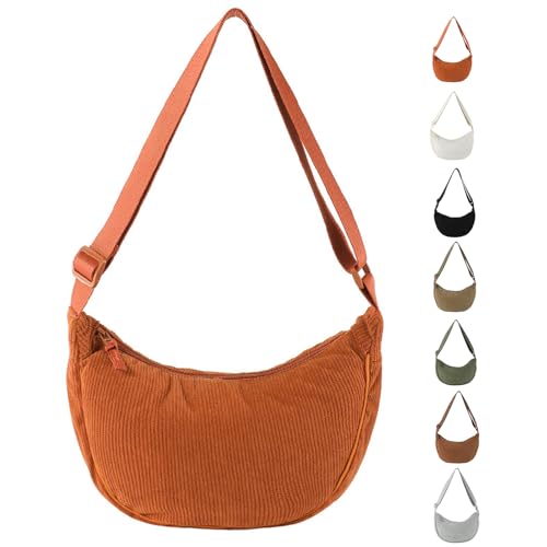 GoPaw Damen Cord Crossbody Bag, Halbmond Tasche Cord Umhängetasche, Damen Halbmond Tasche Schultertasche Mit Schultergurt Einstellbar Lässige Umhängetasche aus Kord für jeden Anlass (Orange) von GoPaw